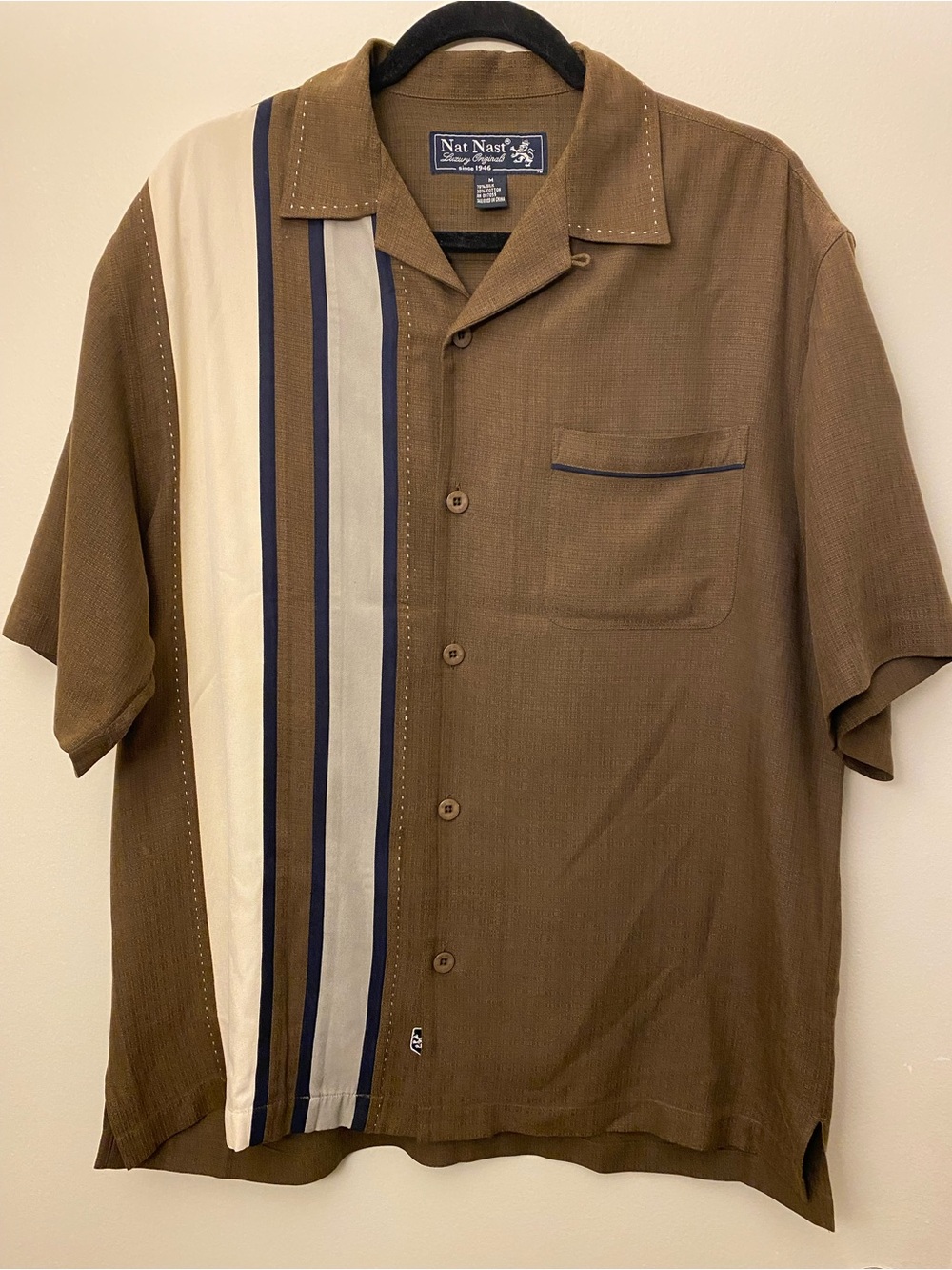 Nat Nast Men’s M Silk Blend Bowling Camp Shirt Brown Striped